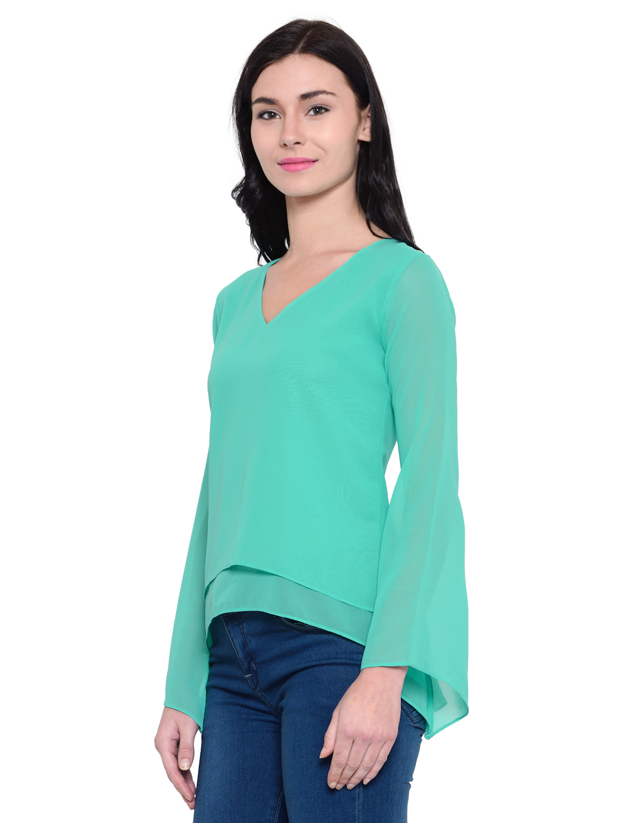 Azure Green Bell sleeves Vneck Top